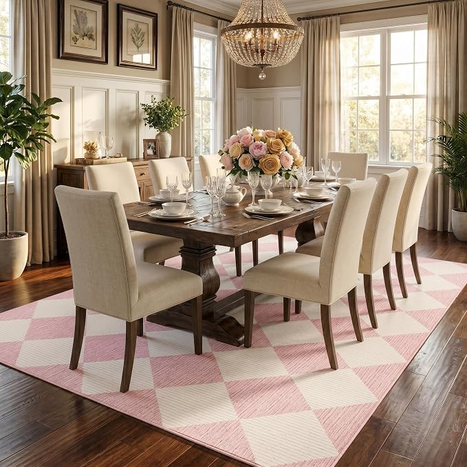 GarveeHome Large Area Rug 9x12 Pink Living Room Checkered Washable Rug | Large Diamond Non Slip Backing Floor Mat Indoor Soft Thin Carpet for Bedroom Dining Room Playroom Nursery Home Decor