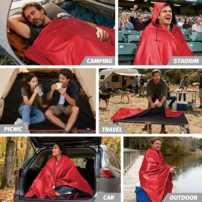Large Waterproof Outdoor Picnic Blanket 80"x 58" | Windproof Lightweight Stadium Blanket, Packable, Stay Dry and Comfortable for Camping, Sports, Travel - Red Hooded
