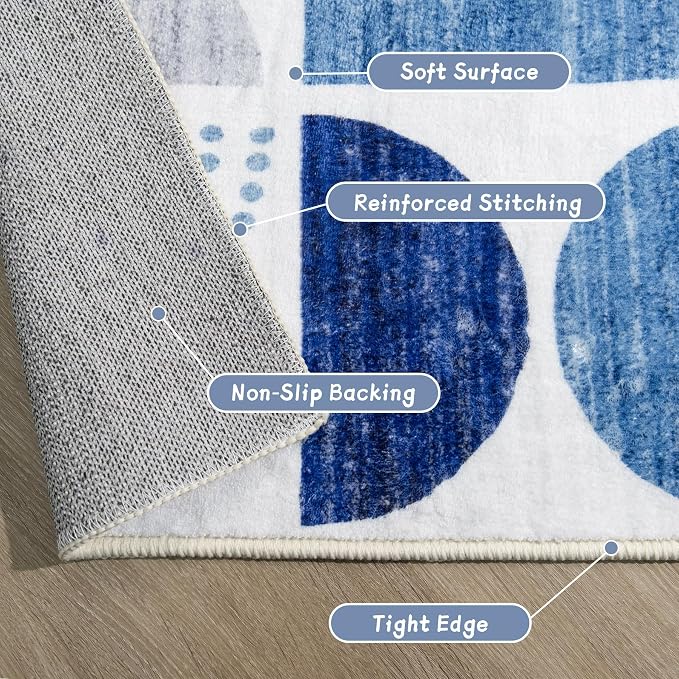 Round Rugs 9ft,Circle Area Rug Washable Non Slip Modern Abstract | Large Circular Rugs for Living Room Dining Room Boho Throw Carpet Soft Low Pile Floor Indoor Bohemian Navy Blue