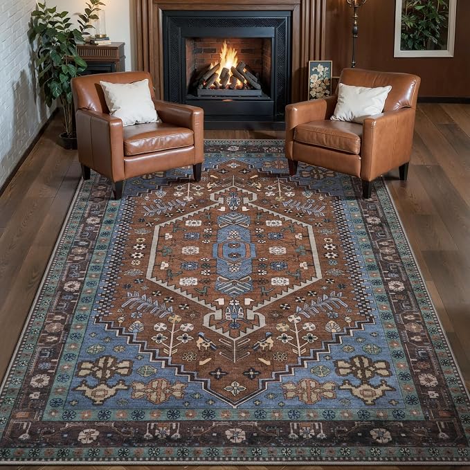 Ciicool Washable 3x5 Area Rug,Boho Non-Slip Indoor Mat for Entryway Kitchen | Oriental Low-Pile Soft Vintage Boho Indoor Entry Carpet for Bedroom Bedside Living Room Laundry Dining Room