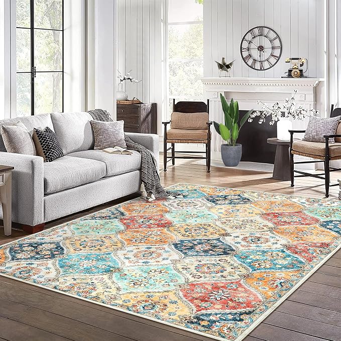 ROYHOME 9x12 Area Rug Large Moroccan Trellis Machine Washable Rug, Cream | Vintage Medallion Distressed Indoor Accent Rug Stain Resistant Non-Slip Floor Cover Carpet for Living Room Bedroom