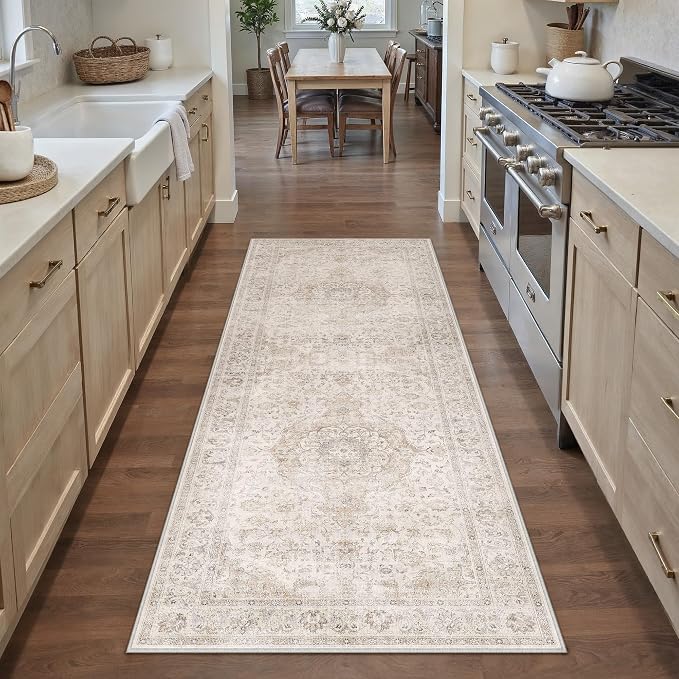 2x6 Runner Rug Hallway Vintage Beige Machine Washable Neutral Floral Low Pile Carpet Vacuumable Thin Long Throw Rug Bedroom Office Bathroom Kitchen Laundry Non Slip Soft Lightweight
