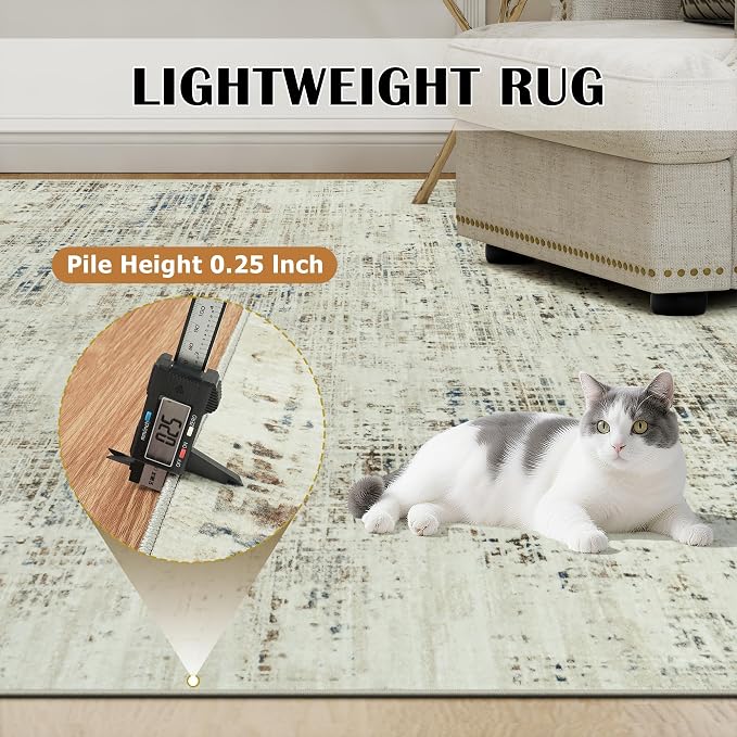 9x12 Washable Area Rug for Living Room Bedroom: Non-Slip Modern Gray White | Machine Washable TPR Backing, Stain-Resistant Low Pile, Pet & Kid Friendly, Abstract Decor for Dining Room, Dorm, Home Office
