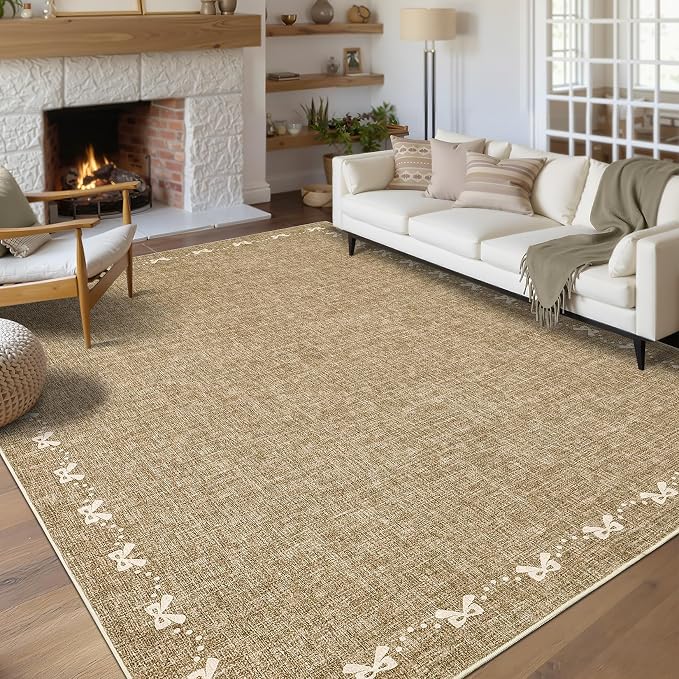 COZYLOOM 9x12 Bow Printed Rug for Bedroom, Large Solid Color Living Room Rug with Non Slip Backing, Stain Resistant Non Shedding Rugs Low Pile Modern Farmhouse Carpet for Bedroom, Dining Room, Brown