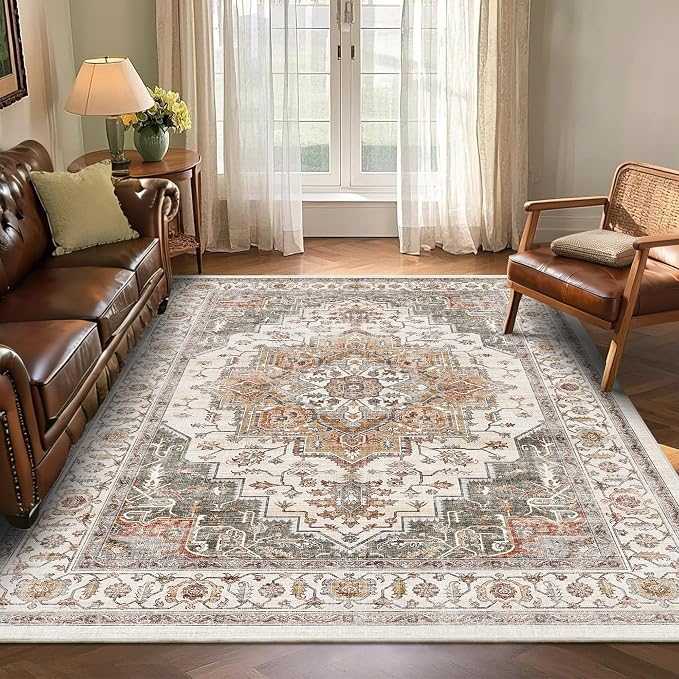 5x7 Area Rug for Living Room Soft Washable Vintage Boho Area Rug | Non-Slip, Retro Print, Low Pile, Stain Resistant, Washable Orange Gray Indoor Rug, for Bedroom, Dining Room, Nursery, Office