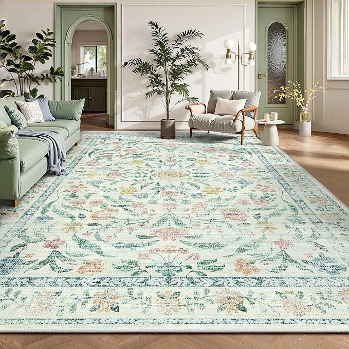 8x10 Area Rugs, Machine Washable Low Pile Floral Rugs for Living Room, Bedroom, Large Boho Area Rug with Non-Slip Backing for Dining Room(Beige Bloom)