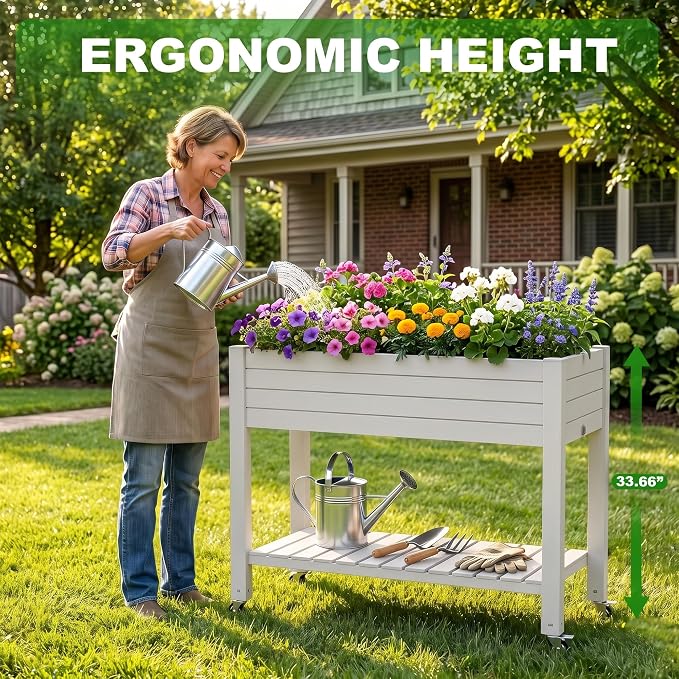 Elevated Resin Raised Garden Bed, 33.7in Height Raised Planter Box with Drainage Holes, Lockable Rotating Wheels & Bottom Storage Shelf, Stake Support, Easy Assembly for Patio Lawn Backyard Balcony