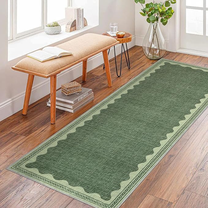 2x6 Scalloped Runners Green Washable Hallways Bedroom Rug | Solid Non Slip Scalloped Bath Runner, Rugs for Bedroom Girls, Rugs for Kitchen Floor Soft Dorm Nursery Carpet for Bedside