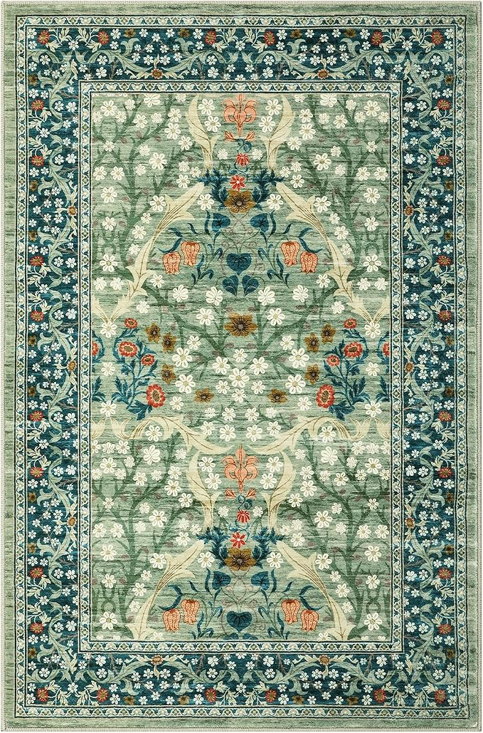 GarveeHome Sage Green Floral 2x3 Washable Rug Small Door Mat | Vintage Stain Resistant Rugs for Entryway Hallway Bedroom Bathroom Low-Pile Non-Slip Soft Botanical Boho Rug TPE Backing