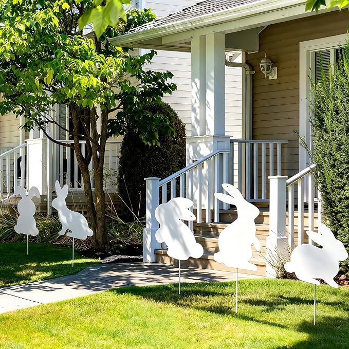 5 Pcs Metal Spring Yard Decorations Outdoor Bunny Yard Signs with Stakes Cute Spring Rabbit Decorative Lawn Signs for Indoor Outdoor Garden Pathway Walkway Holiday Party Decor