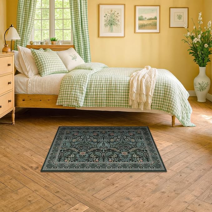 Washable Entry Rug 2x3 Non Slip, Vintage Small Throw Rugs for Bathroom, Entry Way, Kitchen, Dusty Teal Front Door Mat Indoor Entrance, Bedroom, Ultra Soft Low Pile Stain Resistant (Dark Green)