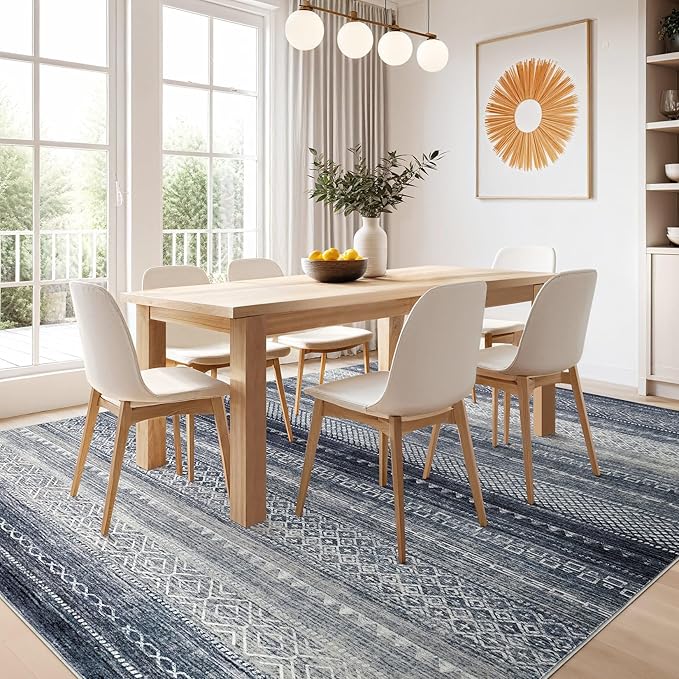 Nakagishi Boho 8x10 Area Rug Living Room Rugs Machine Washable Blue | Soft, Pet & Kid Friendly, Carpet for Living Room/Bedroom/Office/Kitchen/Nursery, Daily Home Decor Stain Resistant Moroccan