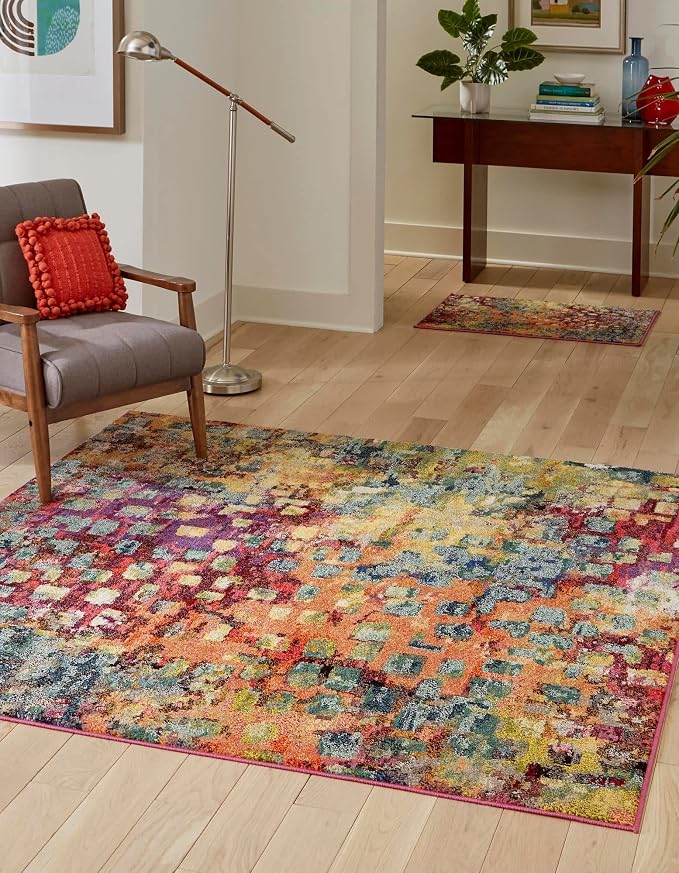 Unique Loom Jardin Collection Colorful, Vibrant, Abstract, Modern Area Rug (4' 0 x 4' 0 Square, Multi/Blue)