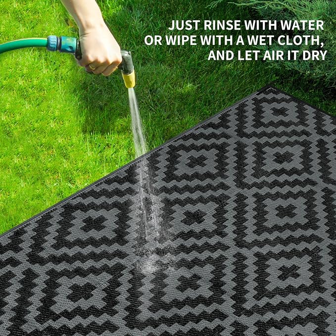 Outdoor Patio Plastic Straw Rug - 9x18 ft Outdoor Camping Rug Waterproof Reversible, Area Carpet Patios RV, Outside Porch Balcony Deck for Camper, Black & Grey