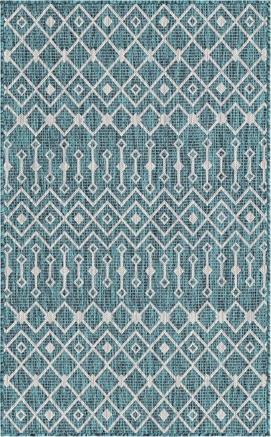 Unique Loom Outdoor Trellis Collection Area Rug - Tribal Trellis (3' 3" x 5' 3" Rectangle, Teal/ Ivory)