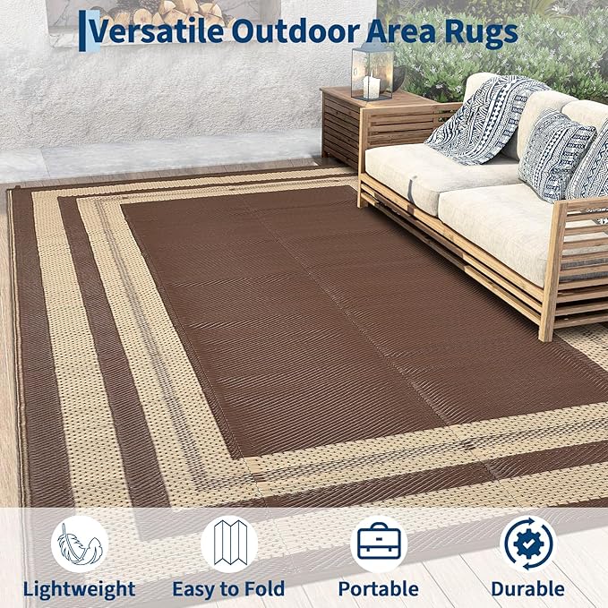 Garvee 8x10 Outdoor Rug Waterproof Plastic Straw Rug Outdoor Patio Rugs Reversible Mat Easy Clean Foldable Lightweight Large Area Rugs for Patio Porch Backyard Camping RV Beach Balcony Panel Coffee