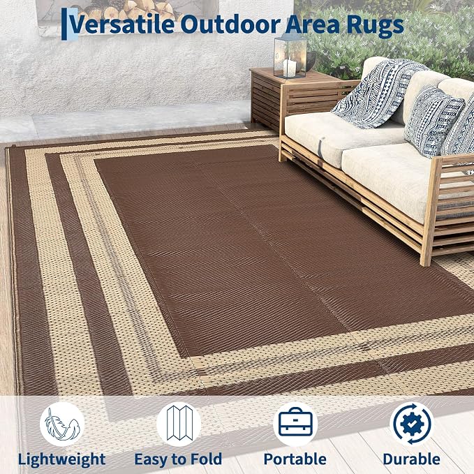 Garvee 9x12 Outdoor Rug for Patio Plastic Straw Rug Waterproof Reversible Mat Lightweight Foldable Carpet Easy Clean Large Rugs for Patio Porch Backyard Camping RV Beach Balcony Deck Panel Coffee
