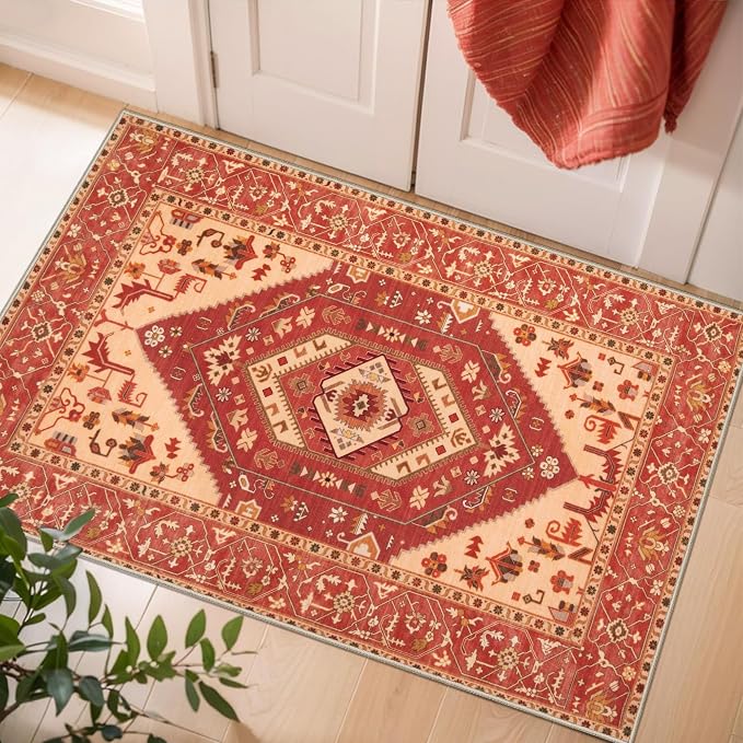SERISSA 2x3 Washable Non Slip Boho Small Area Rug for Entryway，Red | Ultra Soft Vintage Oriental Carpet Low-Pile Tribal Indoor Mat for Bedroom Kitchen Bathroom Entrance Floor