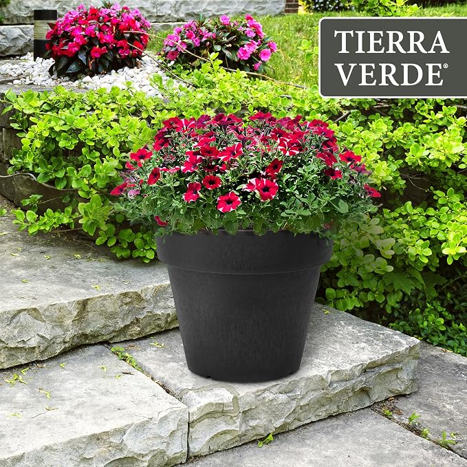 Tierra Verde 2-Pack Indoor & Outdoor Self-Watering Round Planter Pots, Baritone, 18" x 16", Black - Decorative Planting Containers for Plants and Flowers - Gardening and Flowering Accessories
