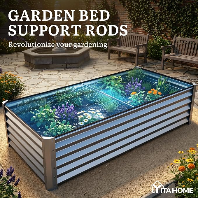 YITAHOME 2pcs 8x4x1.5ft Galvanized Raised Garden Bed, Metal Planter Box with Safety Rubber, Gloves, Outdoor Flower Bed for Planting Plants Vegetables, Silver