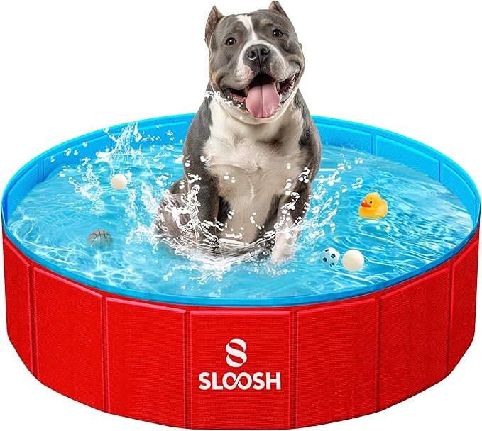 Sloosh Foldable Dog Kiddie Pool - Portable Hard Plastic Doggie Swimming Pool, Anti-Slip Collapsible Pets Bath Tub Suitable for Kids Toddler Indoor Outdoor Backyard Use (Red, 32" x 8")