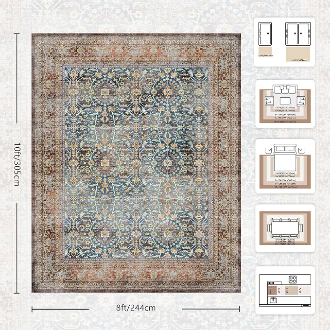 8x10 Area Rugs for Living Room - Washable Vintage Retro Large Rug, Soft Ultra Thin Non Slip Low Pile Distressed Boho Traditional Carpet for Bedroom Dining Room Home Office, Rust Clay