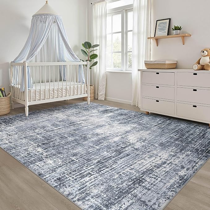 LOONGRUG 5x8 Area Rug Washable Neutral Modern Living Room Rug Navy Blue | Abstract Soft Stain Resistant Indoor Floor Non-Slip Carpet for Bedroom Nursery Kids Office Playroom