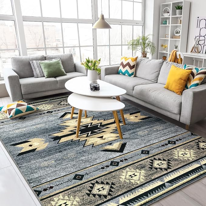 BENRON Western Rugs for Living Room Bedroom 5x7, Non Slip Washable, Grey | Southwest aztec Area Rugs for Dining Table Kitchen Home Decor, Geometric