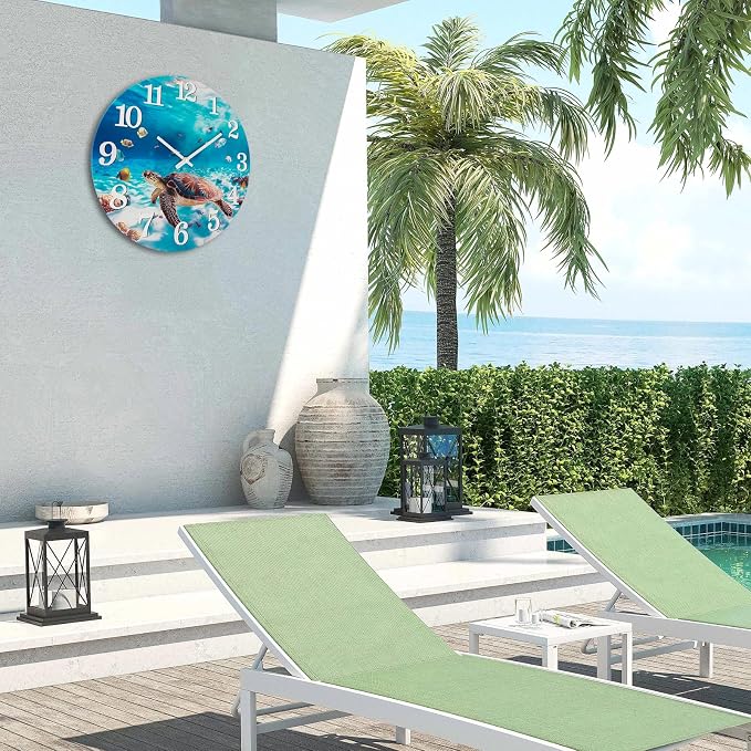Yoiolclc Outdoor Clocks Waterproof Outdoor Coastal Beach Ocean Wall Clocks for Patio Pool Garden Home Decor(14 Inch,Blue,Sea Turtle)