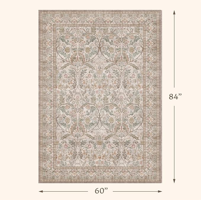 Moss Green 5x7 Washable Living Room Rug, Vintage Farmhouse Dining Room Rugs for Under Table, Machine Washable Low Pile Kitchen Carpet, Non Slip Stain Resistant Large Throw Carpet for Entryway Bedroom