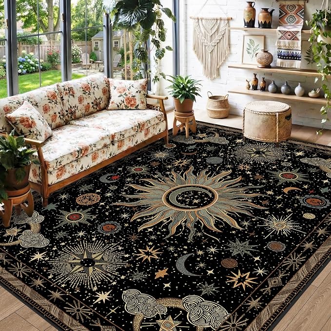 Vacuum-Friendly, 5x7 Washable Area Rug, Black Green Beige | Sun and Moon Boho Gothic Non-Slip Low Pile Living Roon Bedroom Dining Room Kitchen Entry Entryway Entrance Hallway Doormat