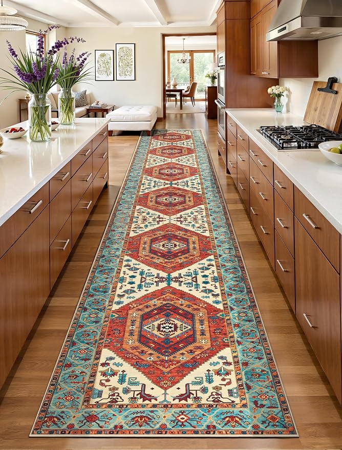 SERISSA 2'6"x16' Washable Non Slip Boho Runner Rug for Hallway，Orange | Ultra Soft Vintage Oriental Carpet Low-Pile Tribal Floor Carpet for Kitchen Bedroom Entryway Bathroom Laundry Room