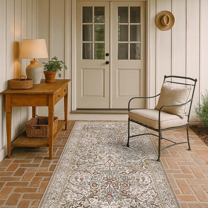 Vintage Moss Green 3x6 Runner Rugs for Large Entryway, Bedroom Beside Rug, Kitchen, Non-Slip Low Pile Ultra Soft Stain Resistant Small Floral Neutral Carpet