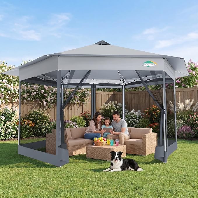 COBIZI 16x16 Pop Up Gazebo Tent with Mosquito Netting, Gazebos on Clearance, Hexagonal Outdoor Canopy Shelter, Patented Center Lock 6-Sided Portable Gazebos, Pop Up Canopy Tent for Backyard, White