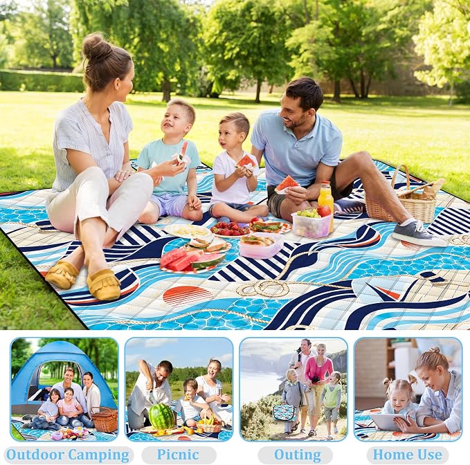Extra Large Picnic Blanket Waterproof,80"x 80"Foldable Machine Washable Outdoor Blanket,Blue Beach Blanket for 6-8 Adults,Picnic Mat Suitable for Indoor Crawling,Park Beach,Camping,Hiking,Travel