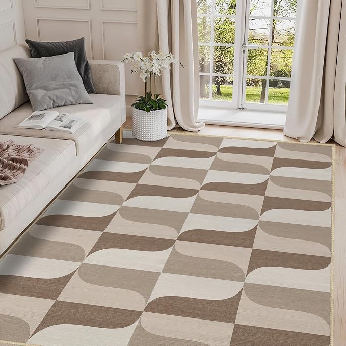 Modern Geometric Rug 3x5 Neutral Beige Brown Abstract Mid Century Modern Area Rug for Entryway Living Room Contemporary Machine Washable Non-Slip Printed Low-Pile Floor Carpet for Kitchen Bedroom