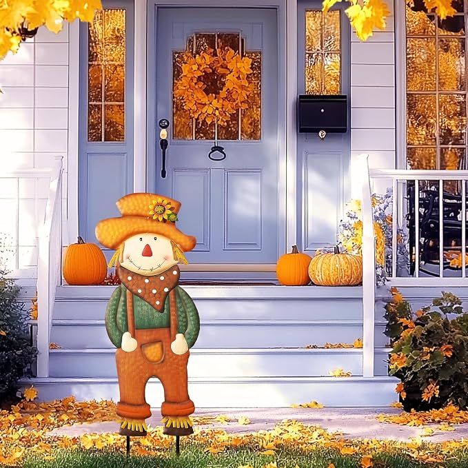 TERESA'S COLLECTIONS Fall Decor for Outdoor Home, Scarecrow for Garden Metal Stakes for Fall Decorations, Autumn Decor for Thanksgiving Decorations, Orange Harvest Yard Signs for Home Lawn Patio, 24"