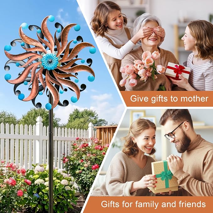 Solar Wind Spinner - Rustic Copper & Turquoise Kinetic Yard Art with Glass Globe - Vintage Metal Sunburst Wind Catcher Outdoor Garden Decor for Lawn, Patio, and Front Porch