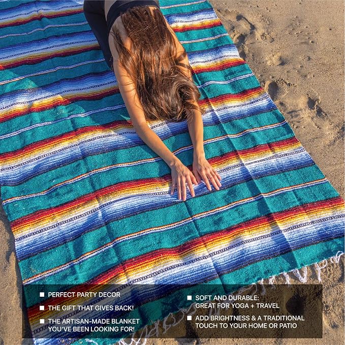 Benevolence LA Mexican Blanket, Authentic Handwoven Yoga Blanket & Outdoor Blanket, Made by Traditional Mexican Artisans, Saddle Blanket, Beach Blanket, Picnic Blanket, & Car Blanket 75 x 52 - Agua