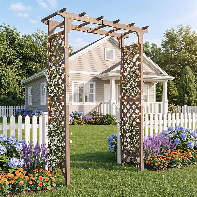 Giantex 85" Garden Arch Trellis, Wood Garden Arbor with Flat Top for Climbing Plants, Roses & Vines, Outdoor Wooden Wedding Arbor for Ceremony Backyard Lawn Patio Garden Entrance