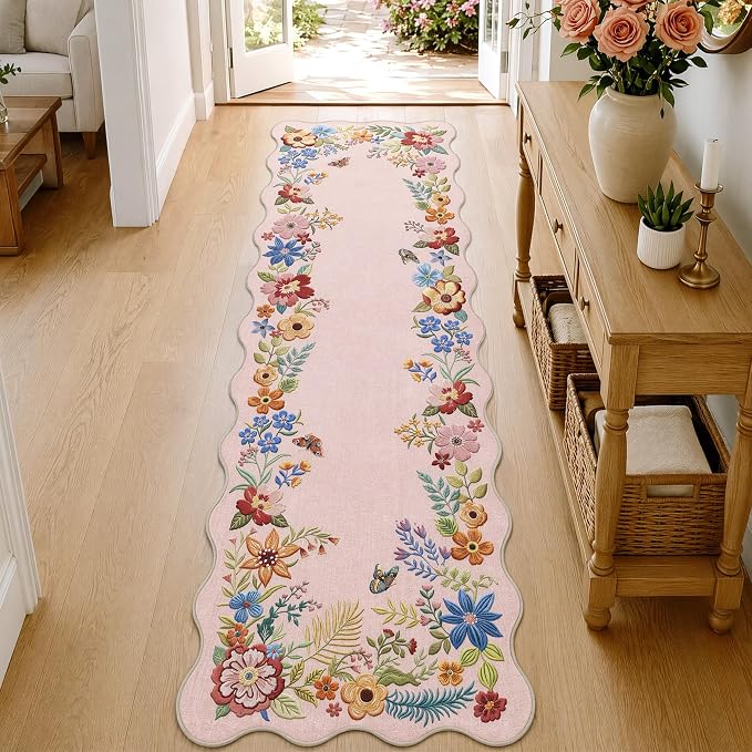 FMFUNCTEX 2x6 Hallway Runner Rug Washable Blush Pink Scalloped Floral Boho | Vintage Non Slip Flower Colorful Traditional Low Pile Pattern Indoor Carpet Entryway Rugs Kitchen Bedroom Laundry Bedside