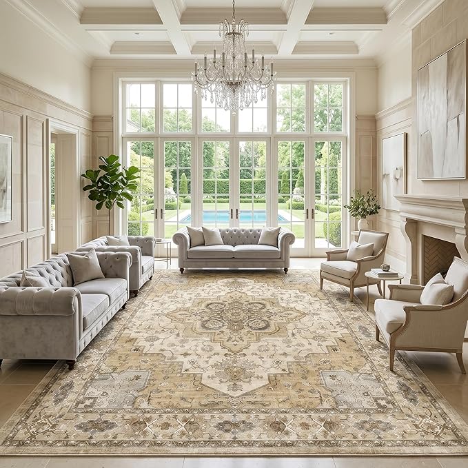 AMADA HOMEFURNISHING 8x10 Area Rug for Living Room, Vintage Washable Area Rug Low-Pile & Non-Slip Carpet for Bedroom Dining Room Nursery Home Office, Beige/Cream