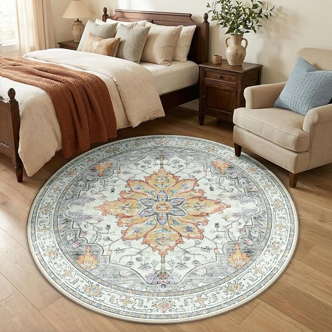 RELEANY Washable Area Rug, Round 5ft, Beige/Carbon Grey/Orange | Non-Slip, Water Repellent, Pet Friendly, Easy to Clean, Vintage Floral Boho Decor for Living Room Bedroom Dining Room