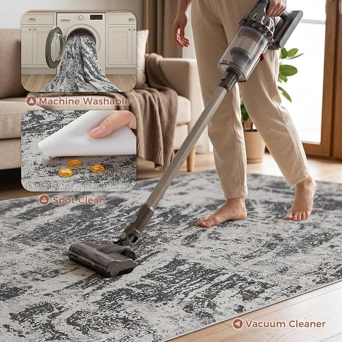 DMOYEST 8x11 Area Rug for Living Room Washable Abstract Indoor Carpet | Neutral Modern Low Pile Rugs Kid & Pet Friendly Large Soft Thin Carpet for Bedroom Dining Room and Office - Light Black