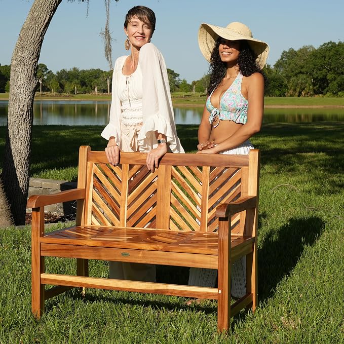 EcoDecors Eleganto 41 inch Outdoor Bench Teak Wood Garden Bench for Patio with Armrests and Backrest for Indoor Use and Outdoor, in Natural Color