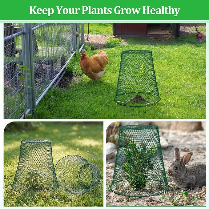 Therwen 15 Pcs Large Plant Wire Cloche 11 x 12 Inch Metal Garden Cloche with Garden Stakes Plant Protector from Animals for Keeping Bunnies Chicken Squirrels Birds (Green)