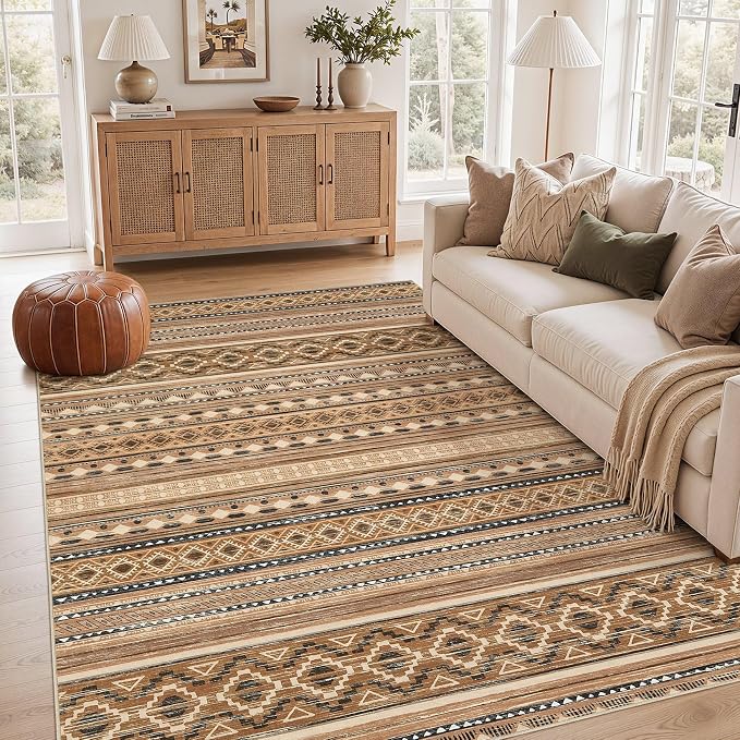 cotiled 6x9 Washable Area Rugs Living Room: Soft Lightweight Boho Rug | Stain Resistan Indoor Carpet for Bedroom Nursery Dining Room Brown Cream