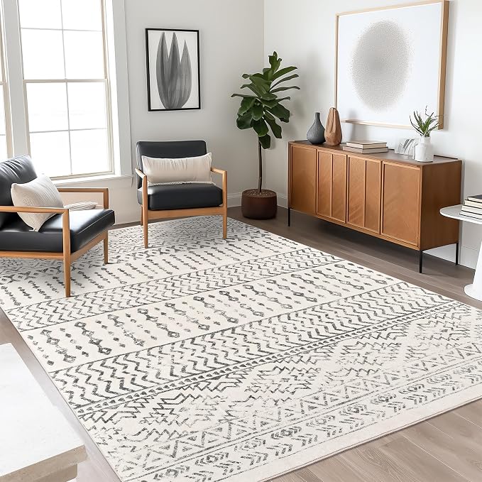 Art&Tuft 5x7 Area Rugs Non Slip, Thin Washable Rugs for Living Room, Ivory | Low Pile, Soft & Lighweight, Folable, Stain Resistant Indoor Moroccan Carpet for Bedroom, Kitchen, Dining Room, Home Office