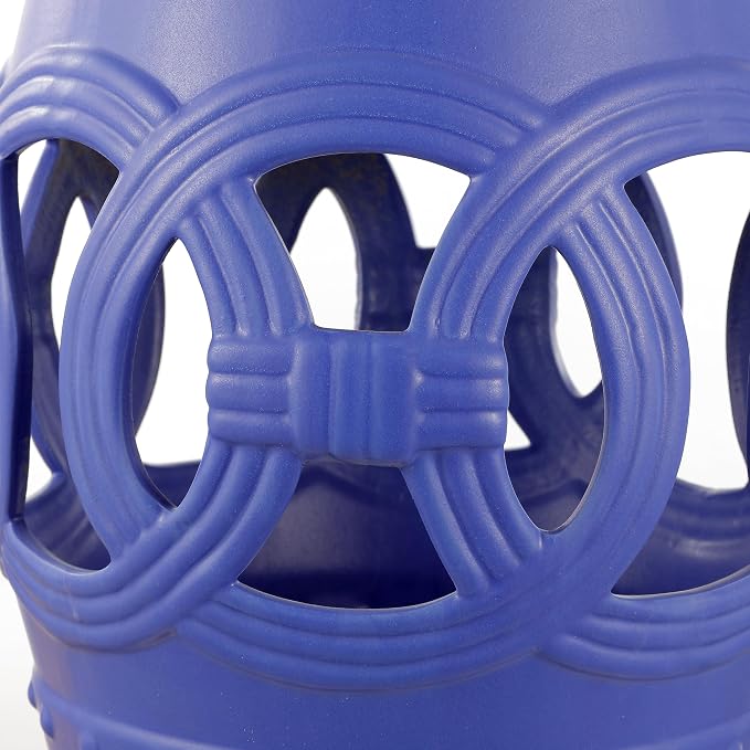 JONATHAN Y Lucky Coins 16" Ceramic Garden Stool, Contemporary Matte Blue Cutout Interlocking Rings Drum Indoor/Outdoor Side Table and Plant Stand for Patio, Garden, Living Room TBL1022D