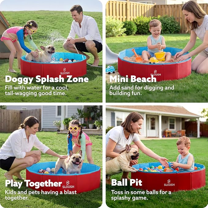 Sloosh Foldable Dog Kiddie Pool - Portable Hard Plastic Doggie Swimming Pool, Anti-Slip Collapsible Pets Bath Tub Suitable for Kids Toddler Indoor Outdoor Backyard Use (Red, 32" x 8")